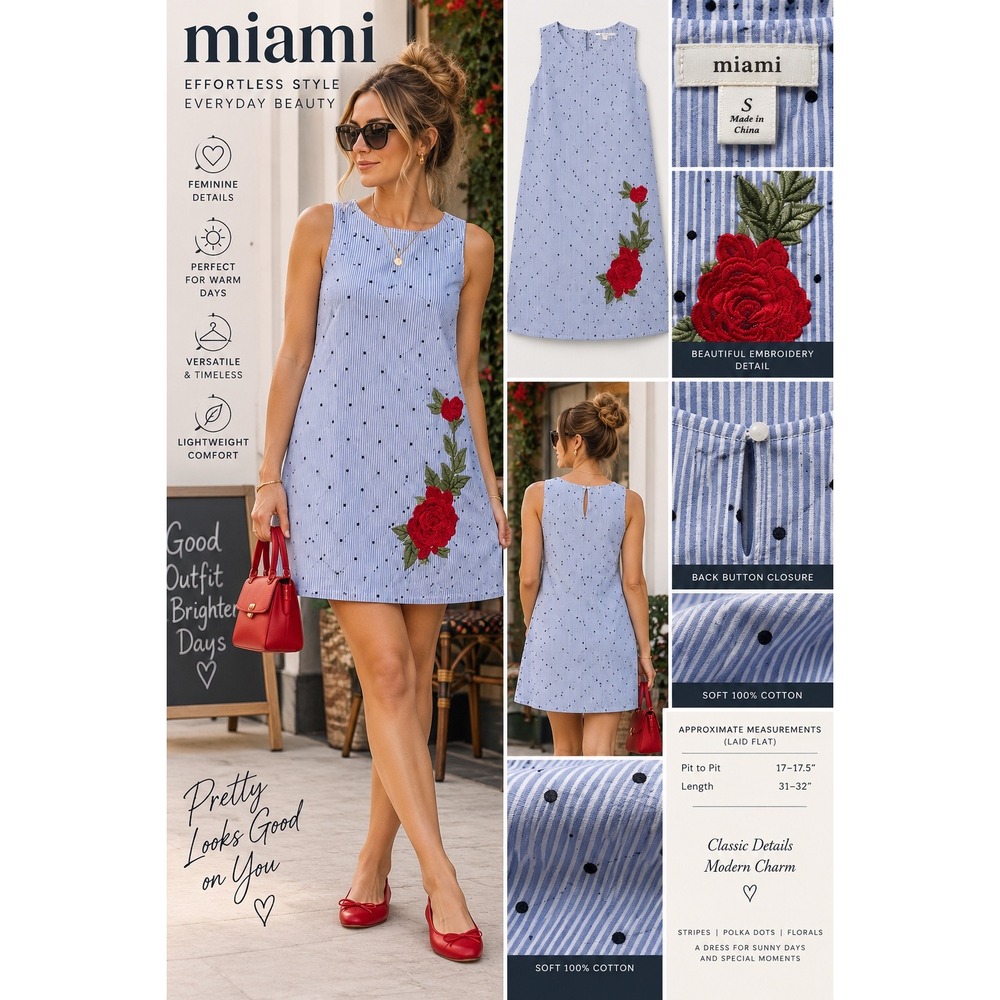 mi ami Blue White Stripe Polka Dot Rose Embroidered Cotton Shift Dress Small